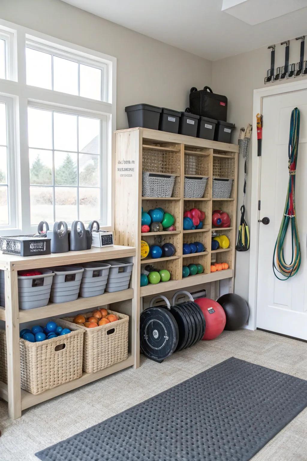 Baskets and bins offer stylish solutions for organizing smaller gym accessories.