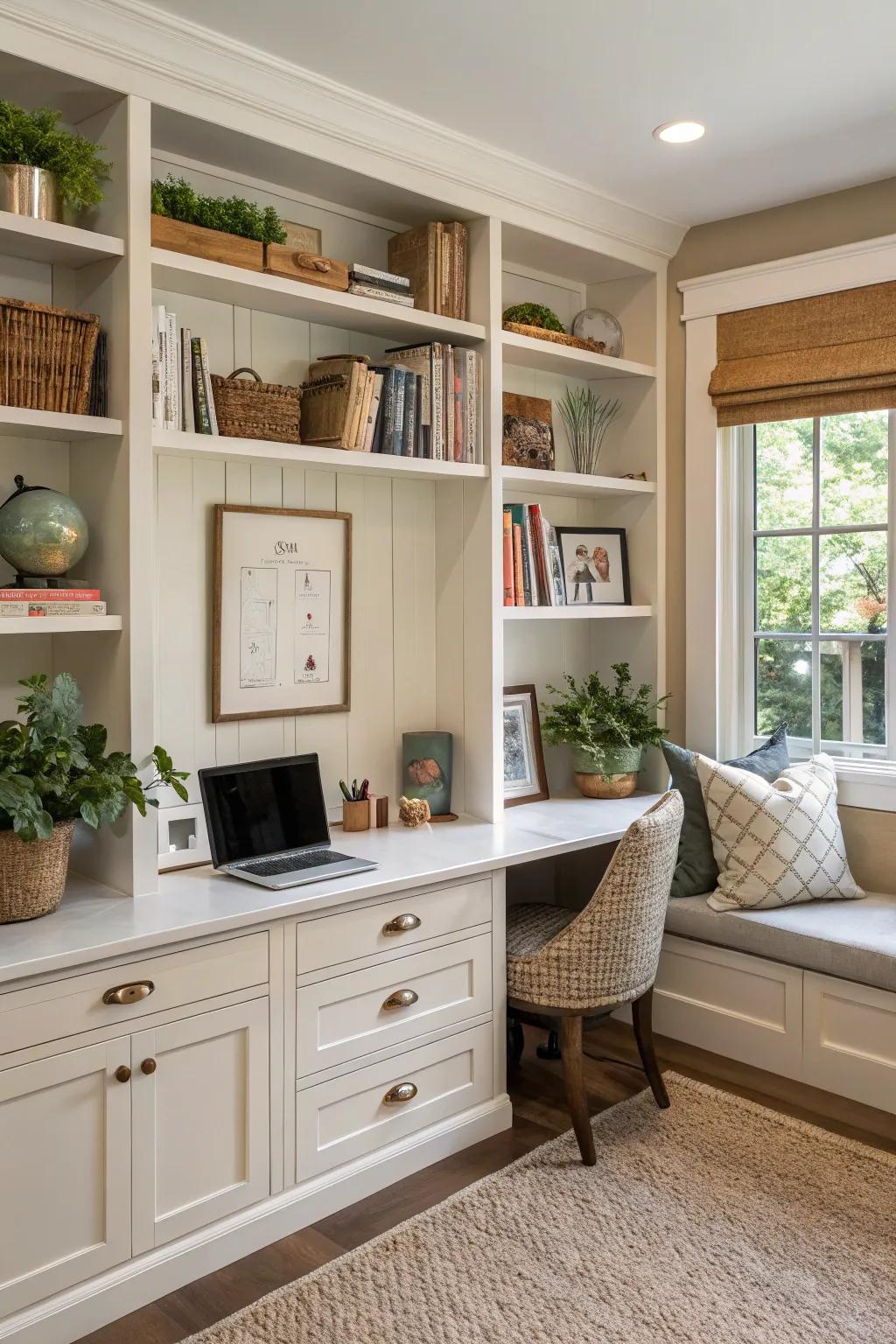 Integrated storage solutions for a well-organized home office.