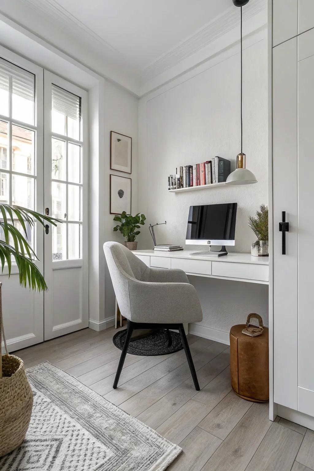 White walls establish a clean and spacious feeling in this home office.