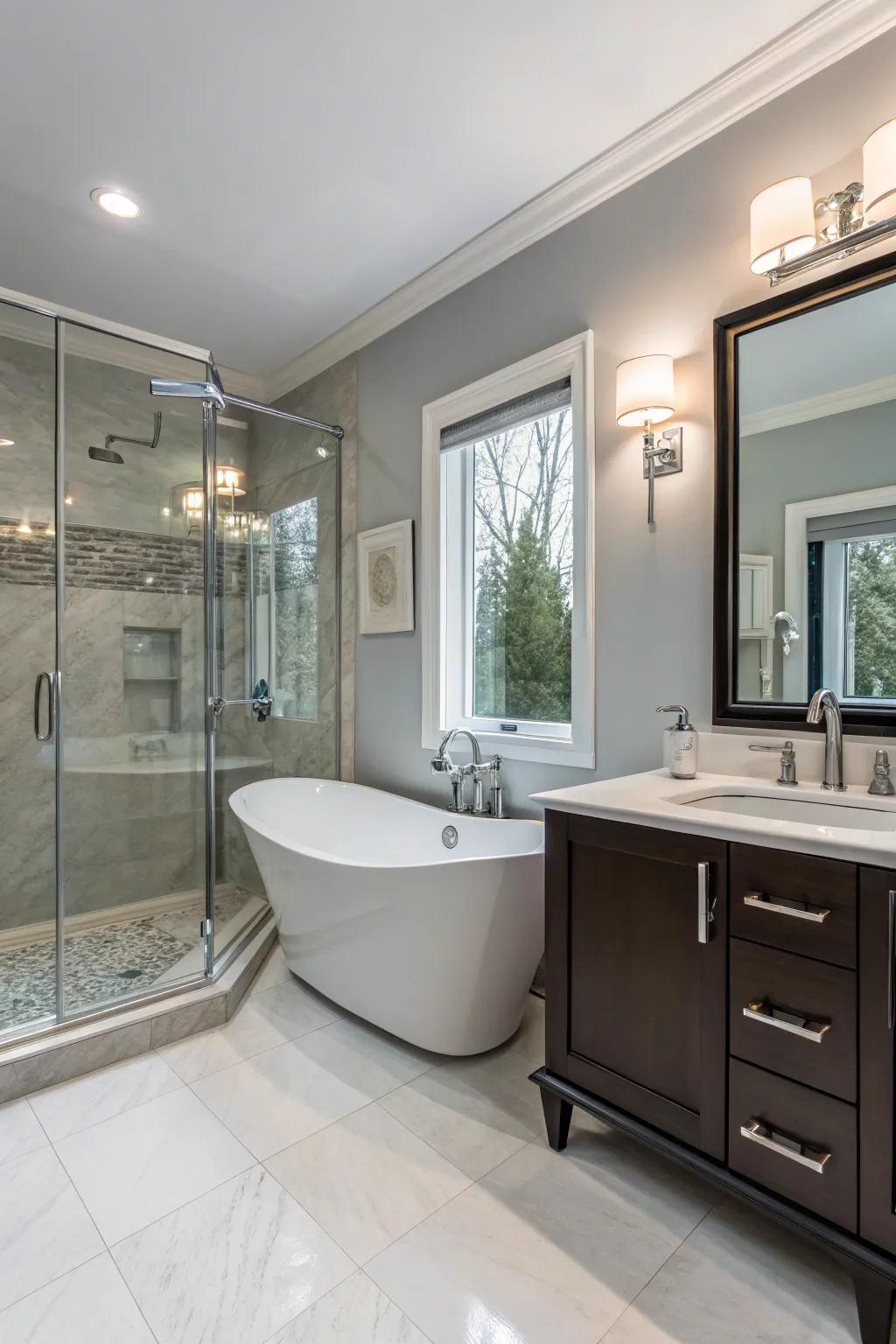 A bathroom transformed with matching and modern fixtures.