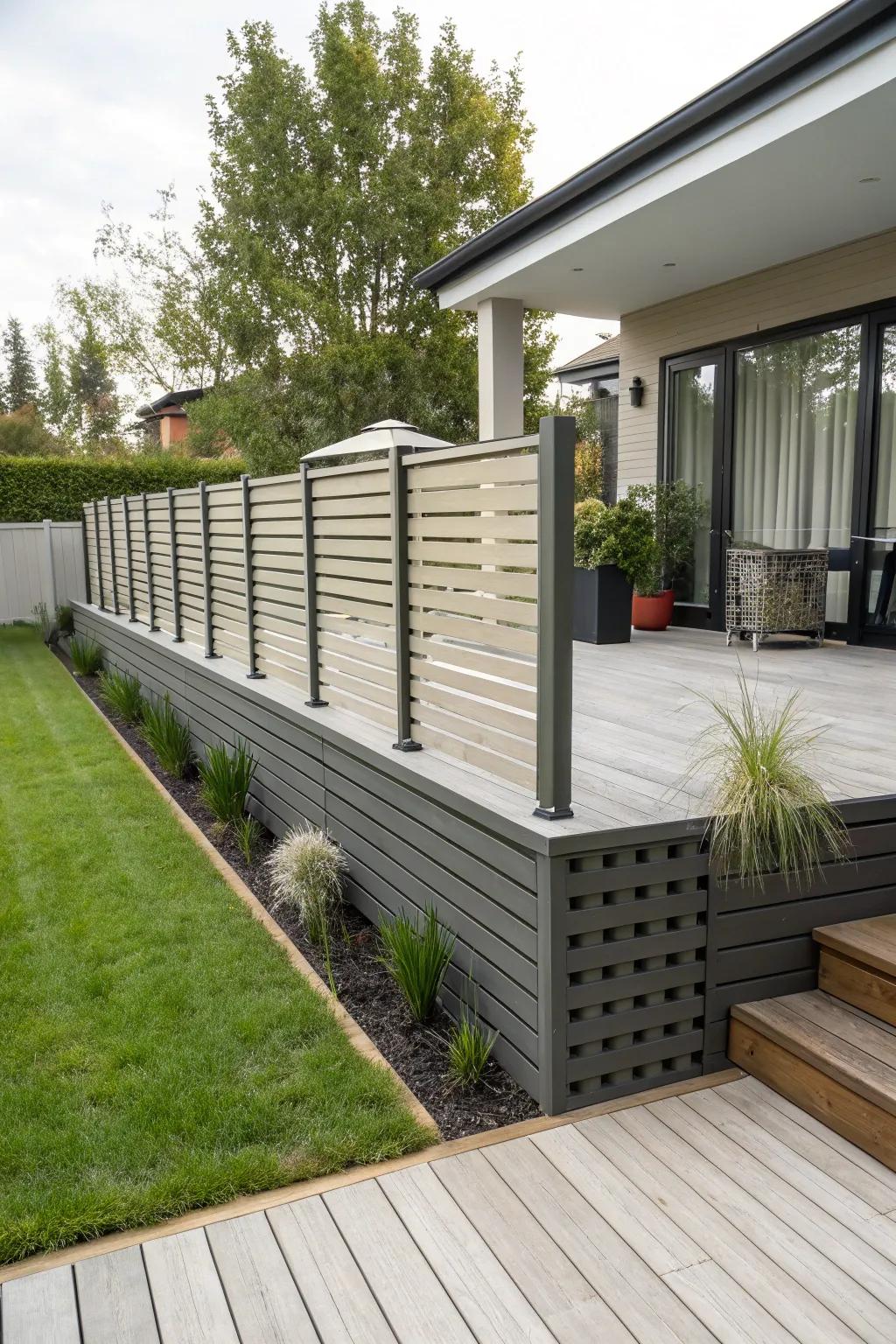 Alternating slats contribute visual richness to the skirting’s design.