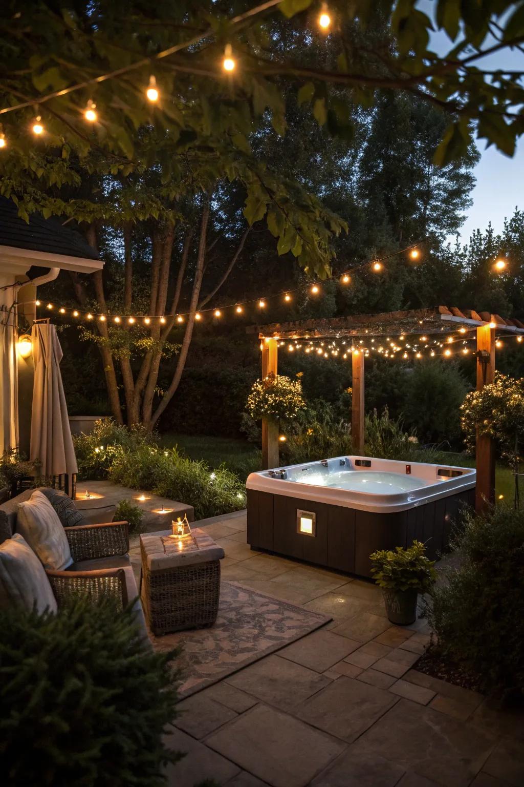 Atmospheric lighting transforms the hot tub area into an enchanting getaway.
