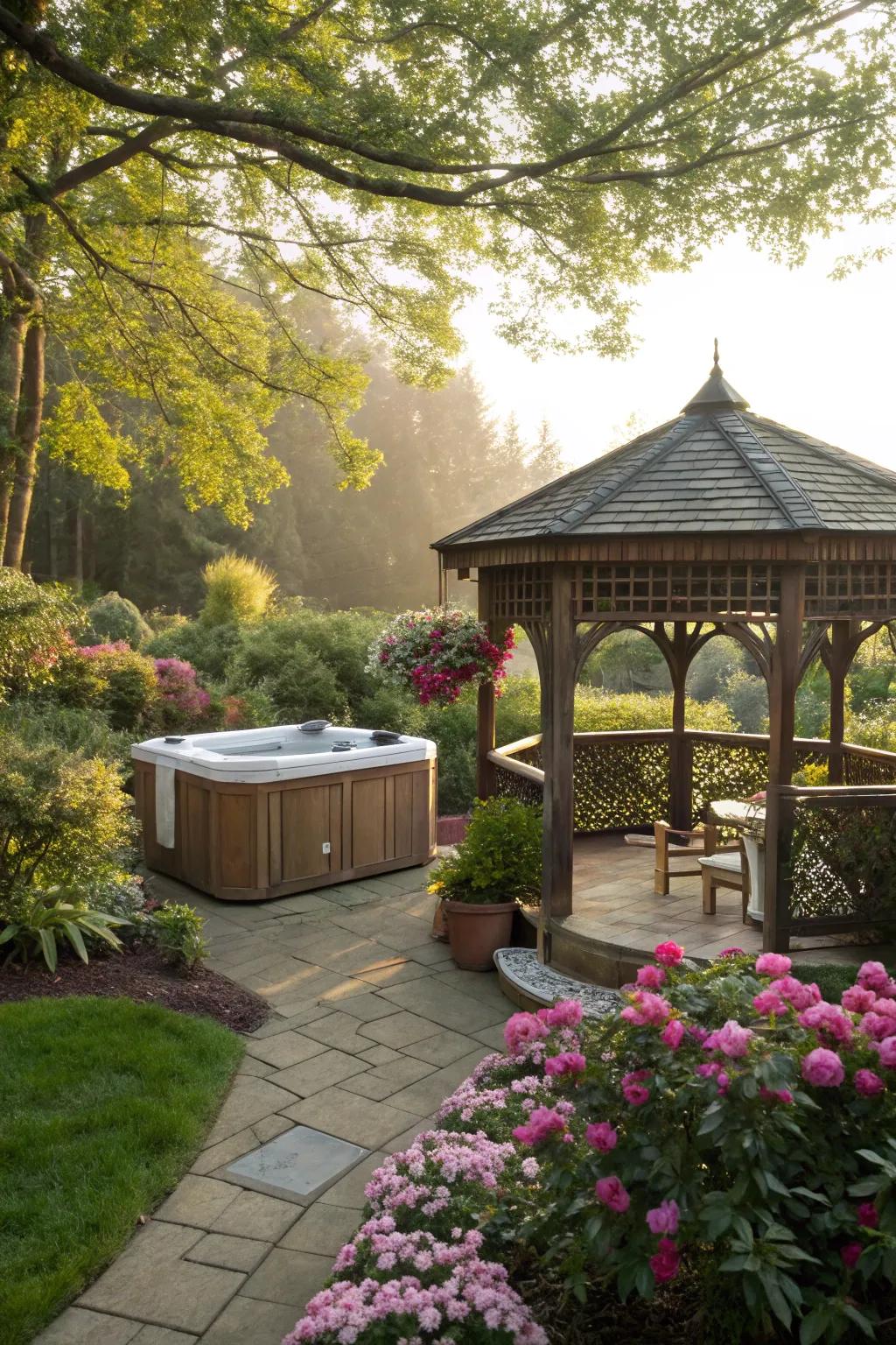 A gazebo harmoniously blended with nature.