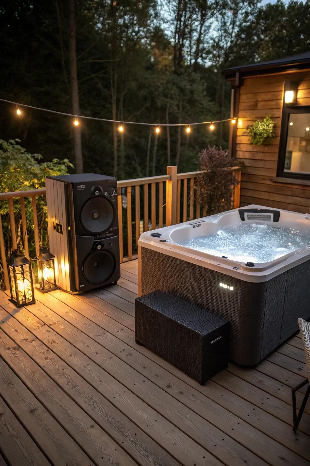 Improve your hot tub experience using a smooth outdoor sound device.