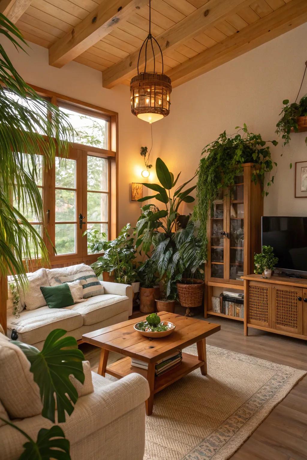 A peaceful living space filled with greenery and natural elements.