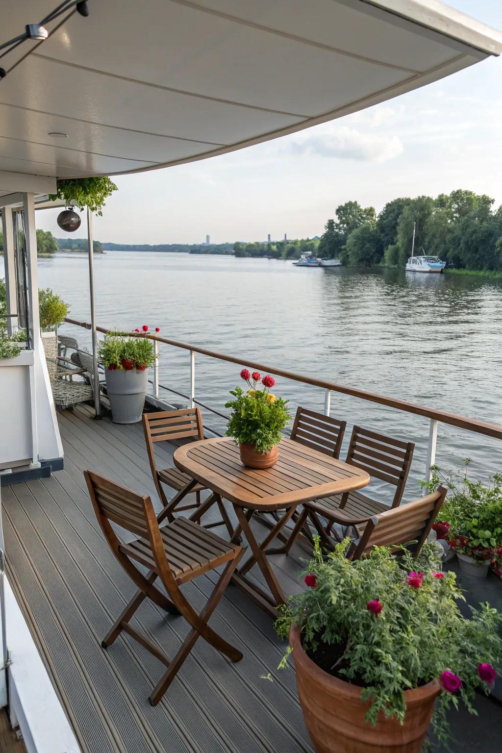 An inviting deck area for unwinding and socializing on a houseboat.