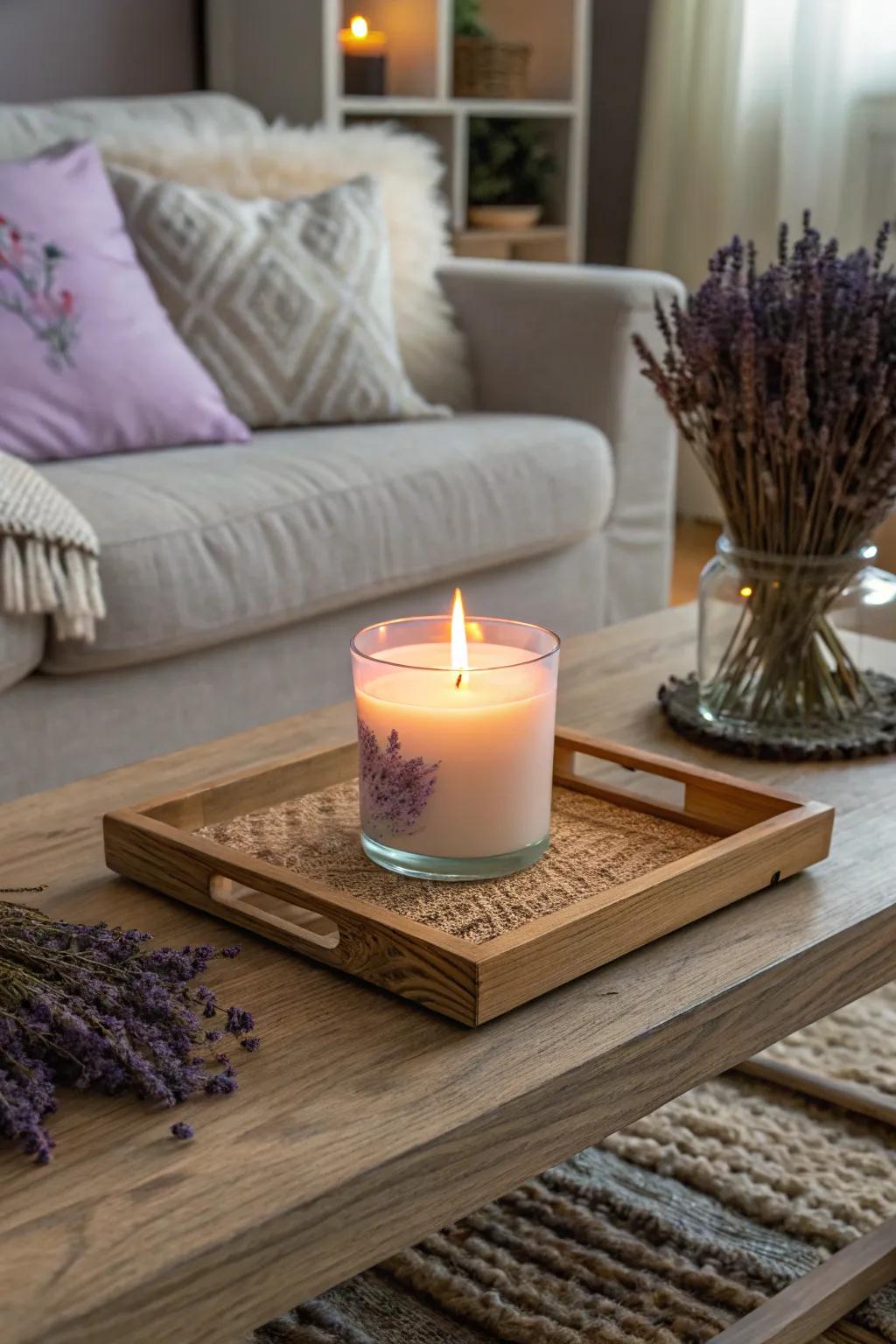 A soothing lavender candle for a warm and welcoming ambiance.