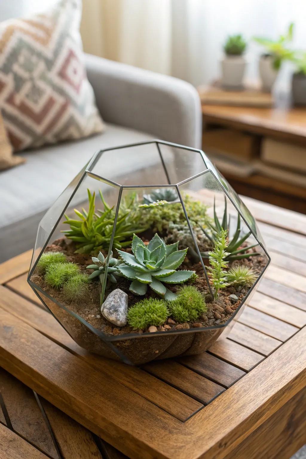 A beautifully arranged terrarium suitable for any tabletop.