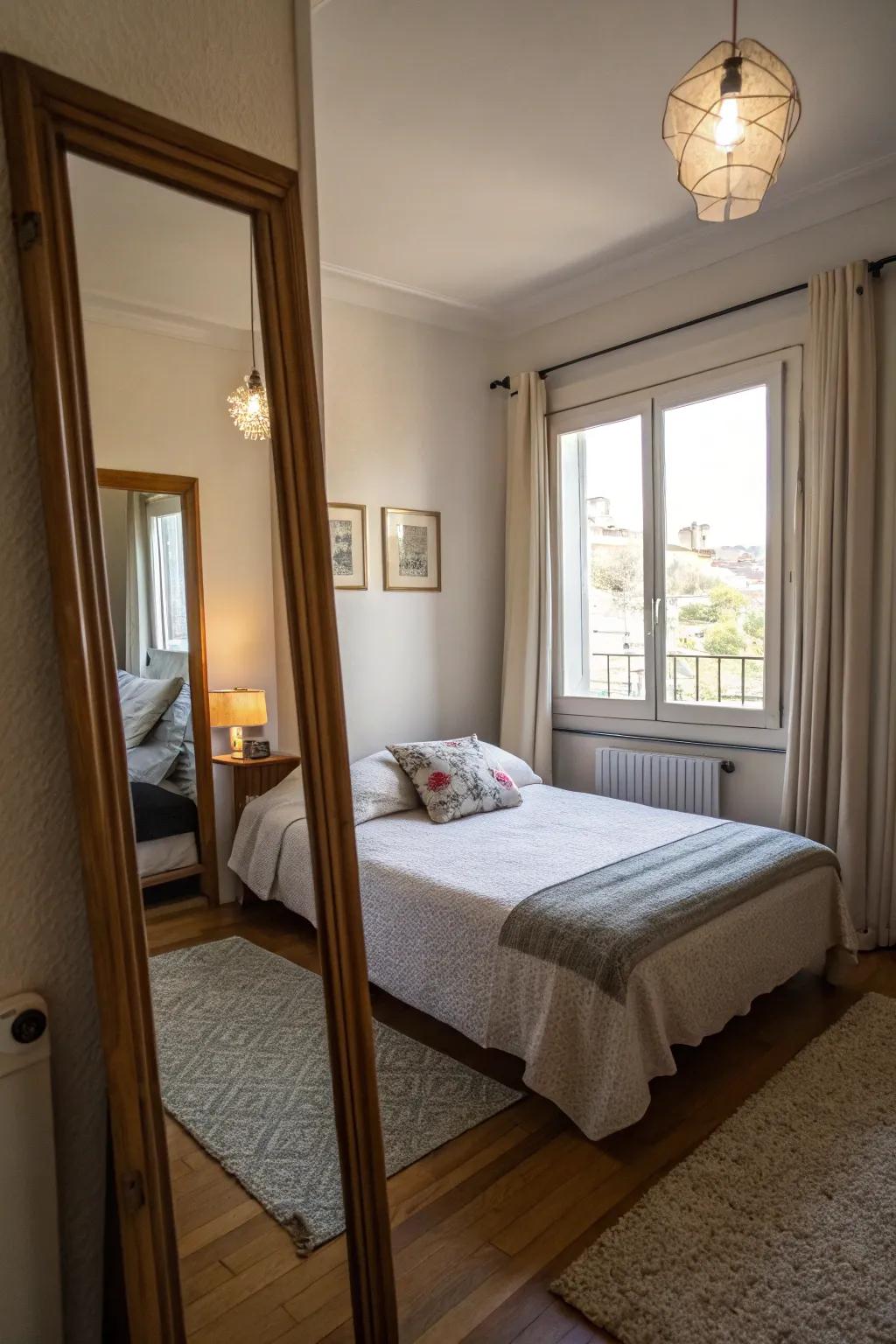 A substantial mirror situated inside a compact bedroom mirrors light, thereby amplifying the space's sense of openness.