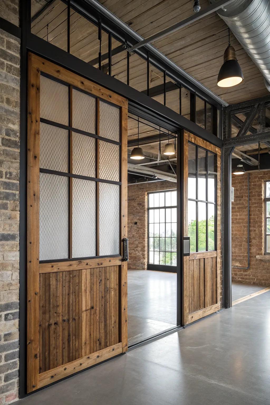 The blending of materials imparts a modern and industrial vibe to French doors.