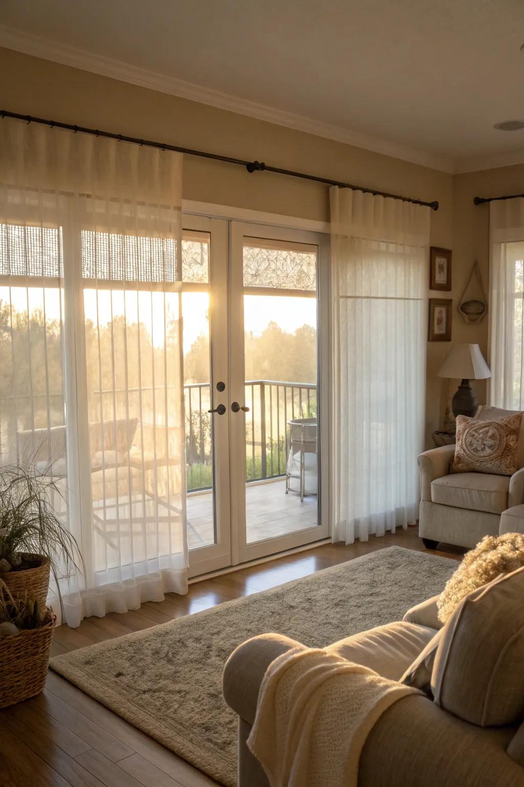 Sheer blinds provide a soft, filtered light.