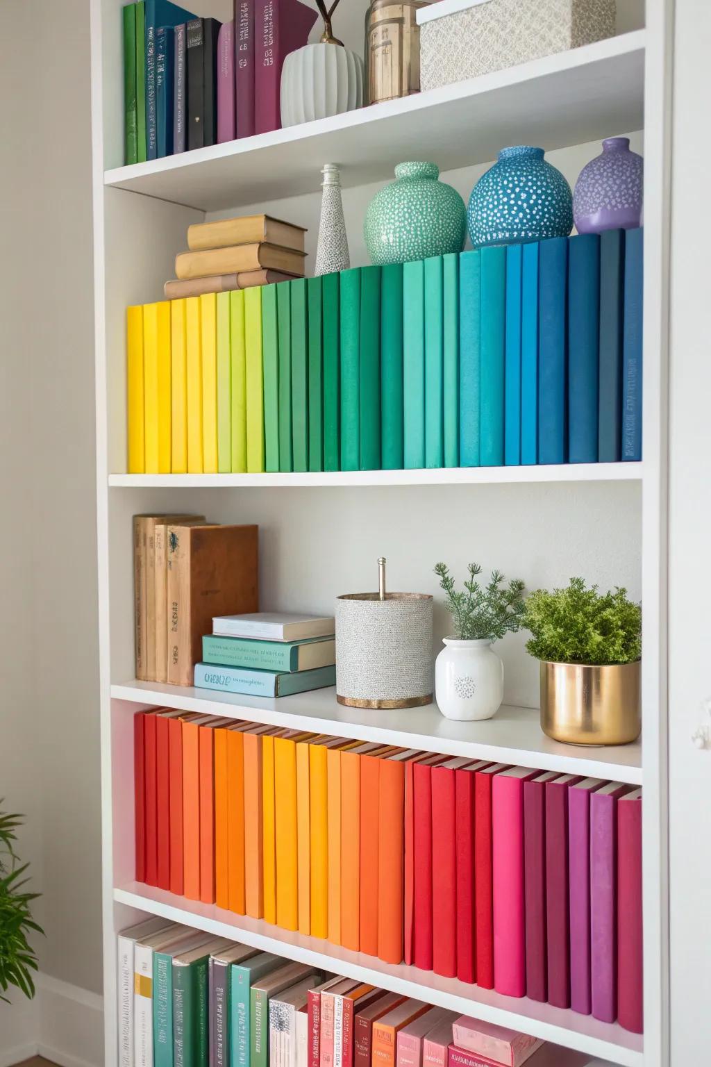 Color-coordinated bookshelf with harmonious styling.