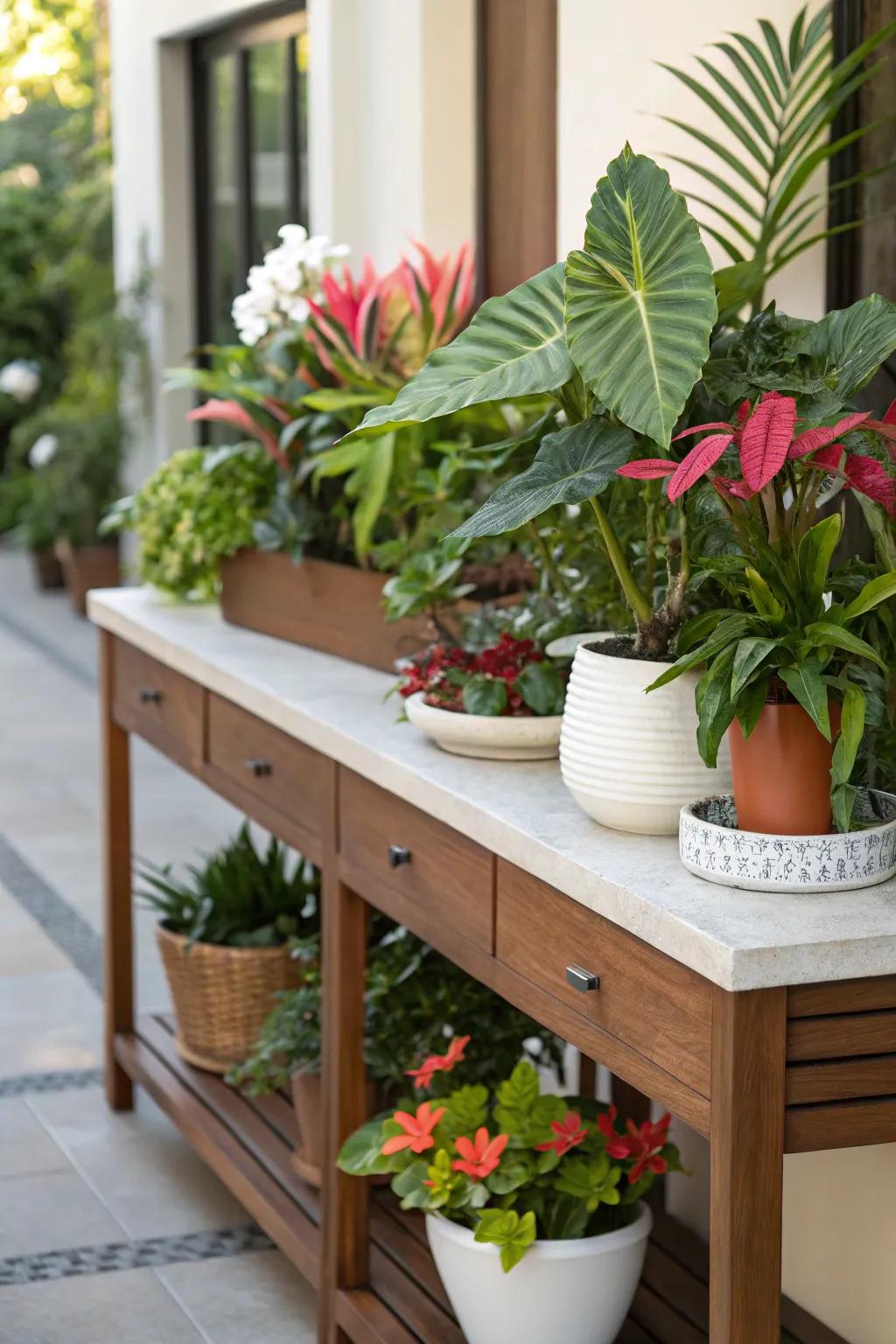 Abundant greenery contributes a lively touch to the console table.