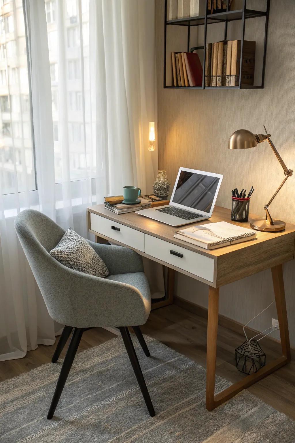 A small writing table can turn an unused corner into a productive space.