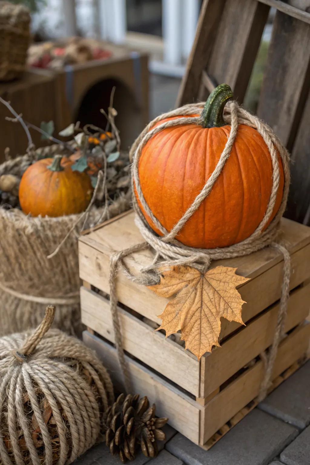 A rope-wrapped pumpkin giving off a cozy, rustic vibe.