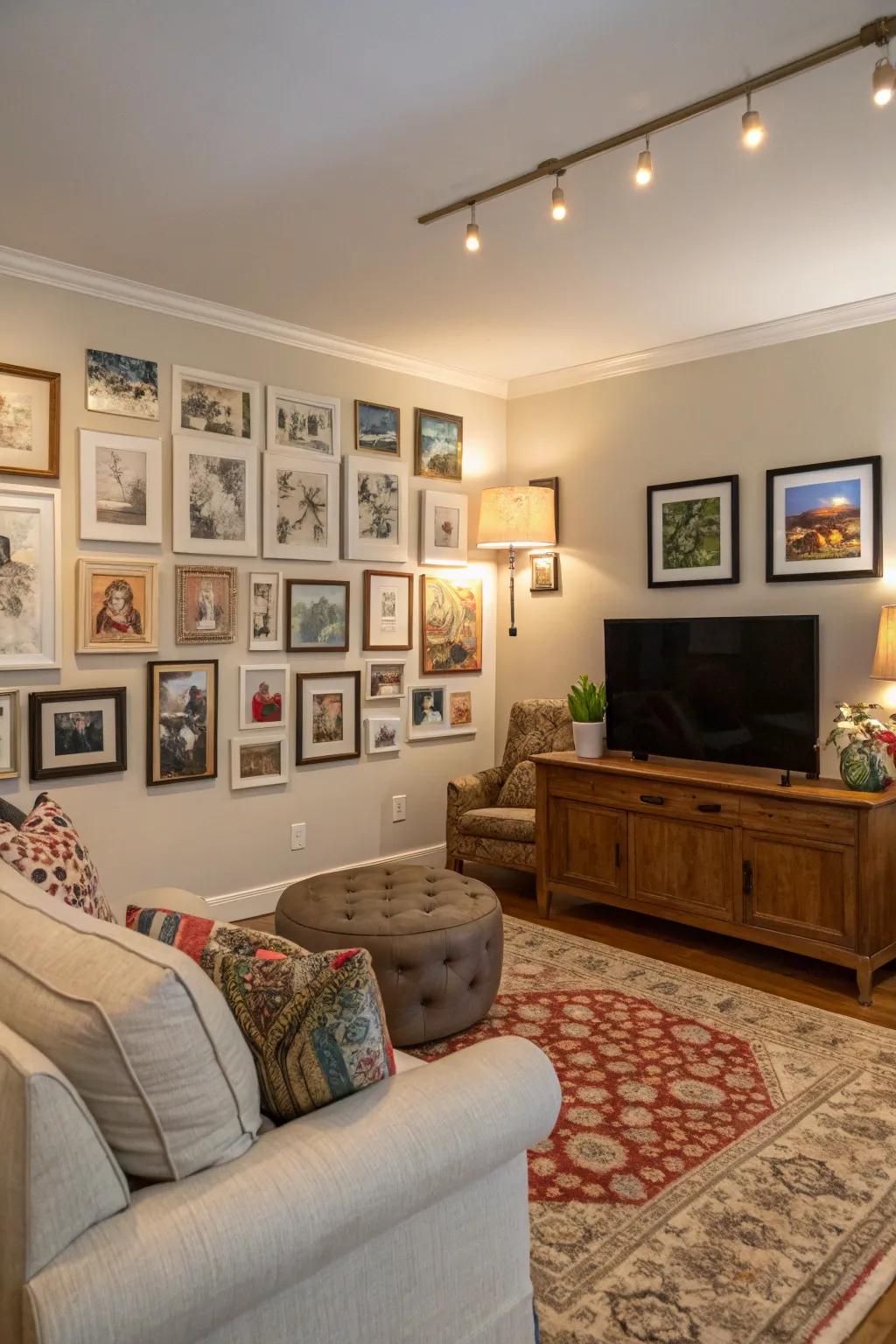A display wall contributing personality and appeal to the living room.