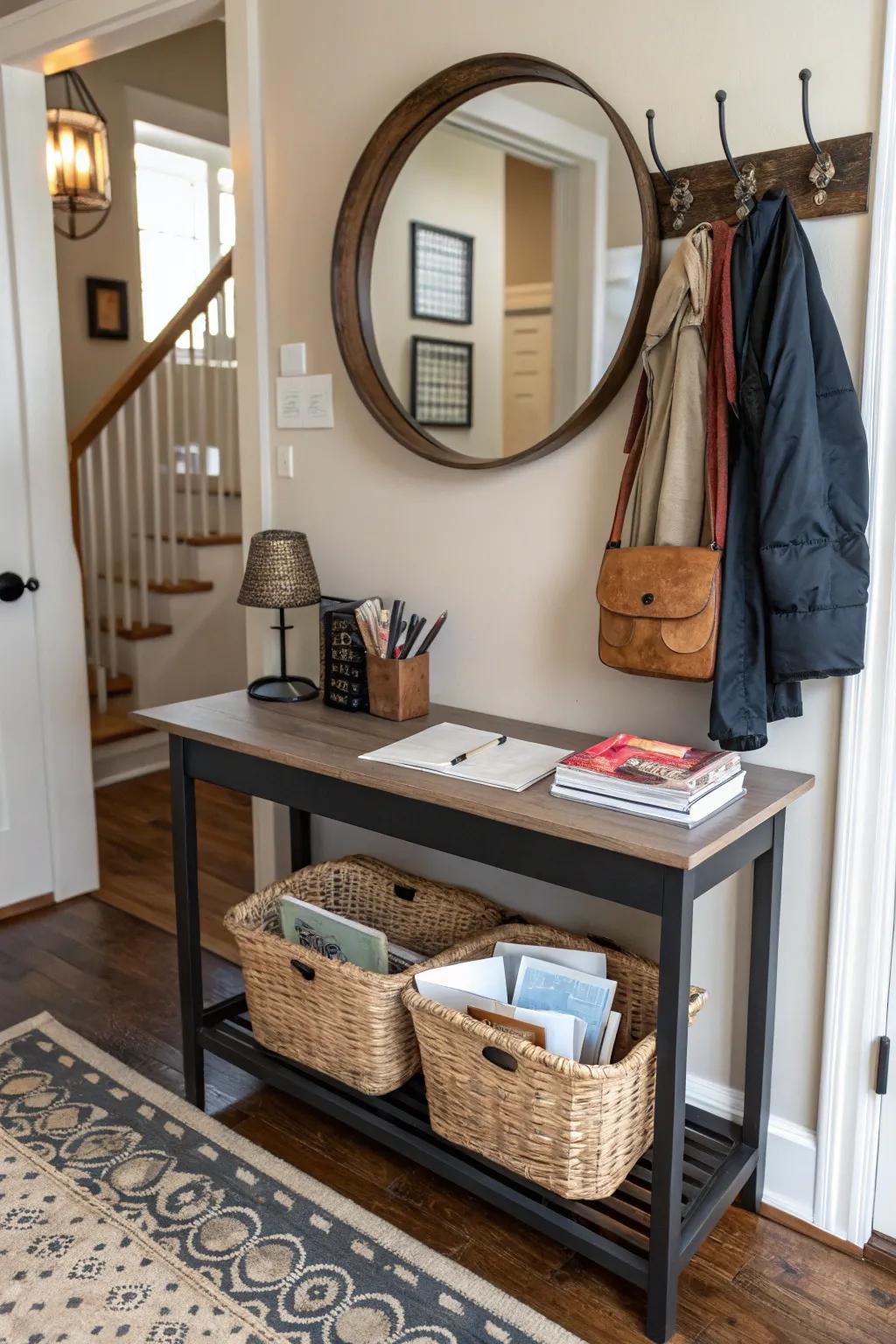 Entryway baskets maintain essentials in one spot.