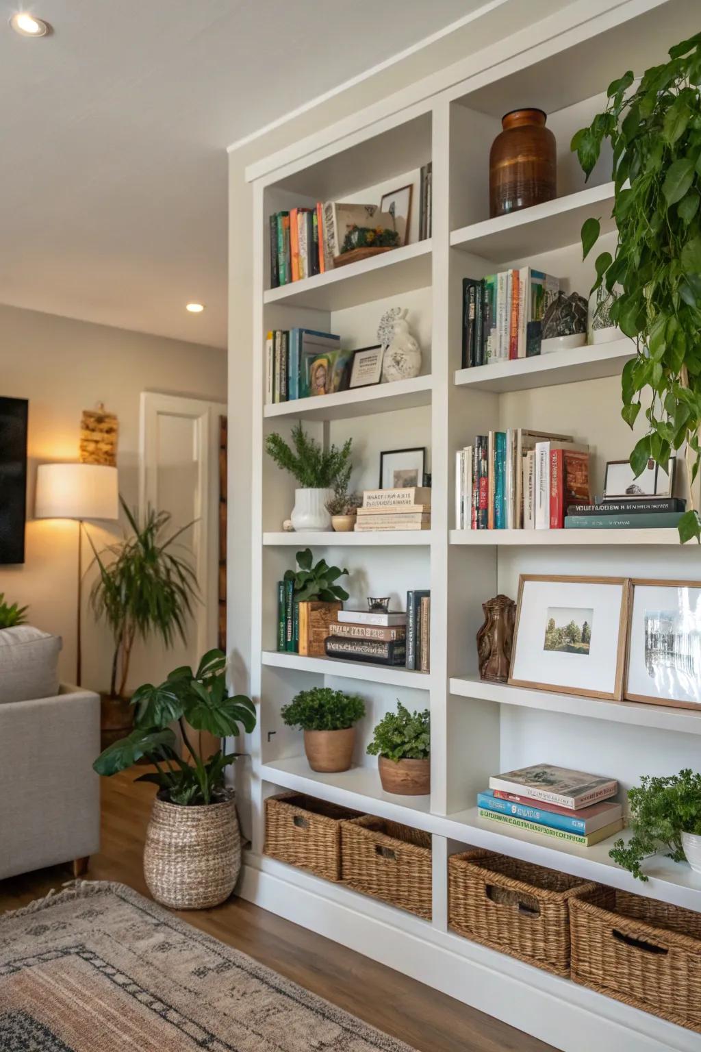Exposed shelving offers a fashionable approach to present your treasured decorative items.