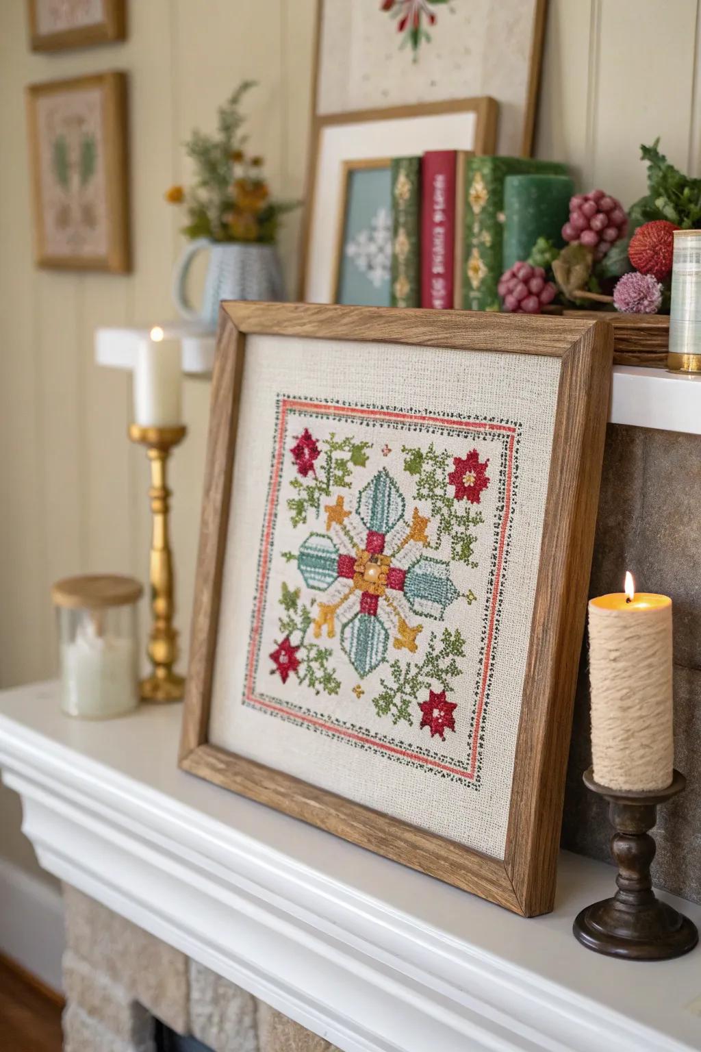 Cross stitch on stretcher bar frames adds texture to your decor
