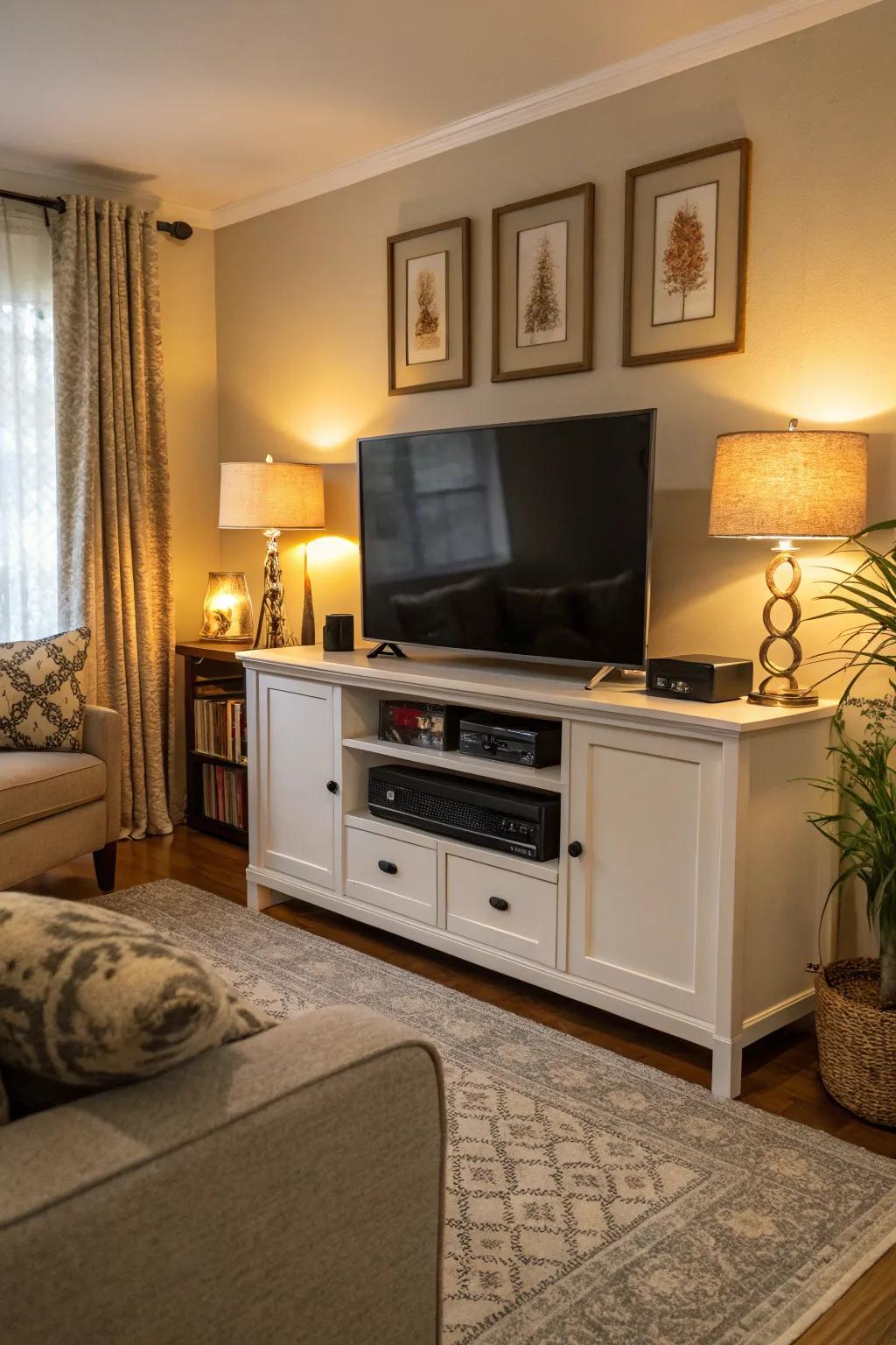 Strategic furniture placement effectively hides wires.