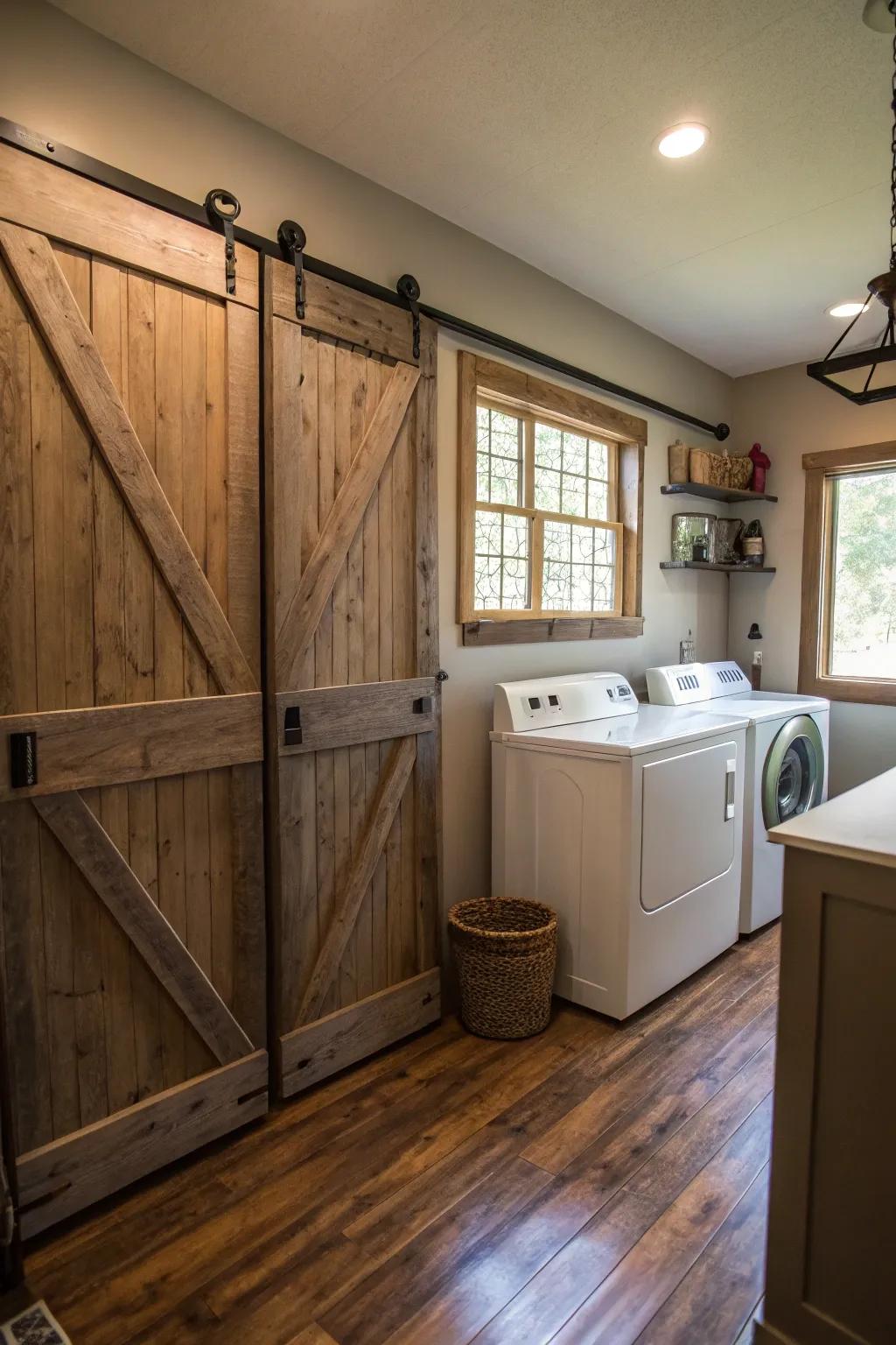 Rustic doors enhance character and stylishly conceal appliances.