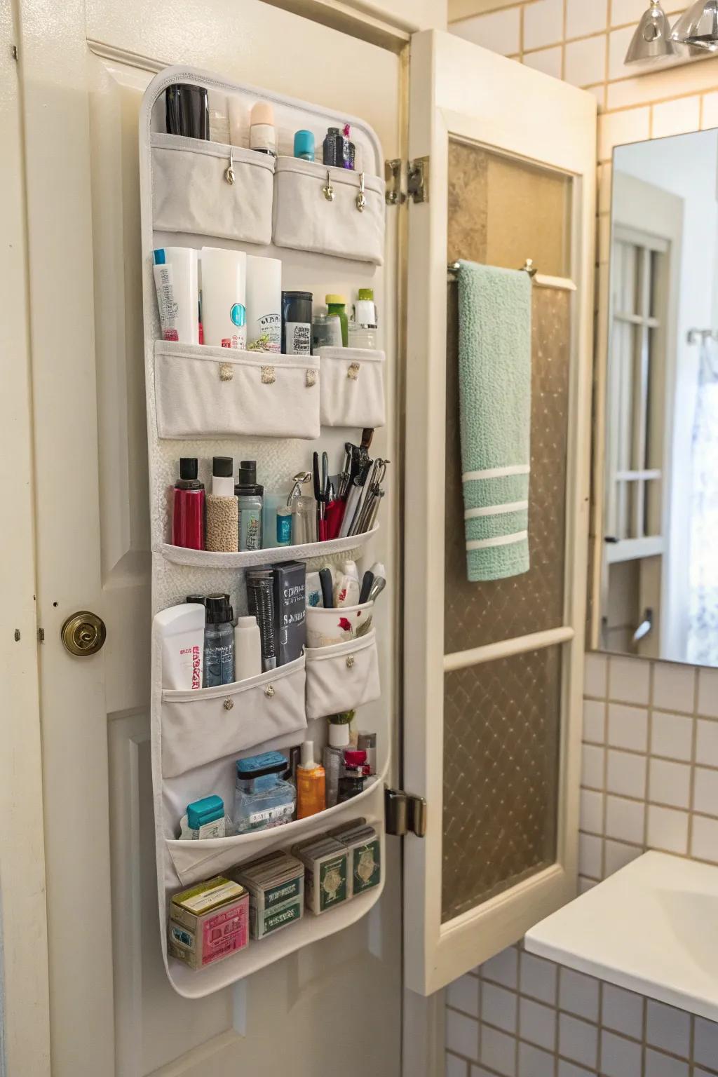 Cabinet door with storage racks and pockets for organizing small bathroom essentials.