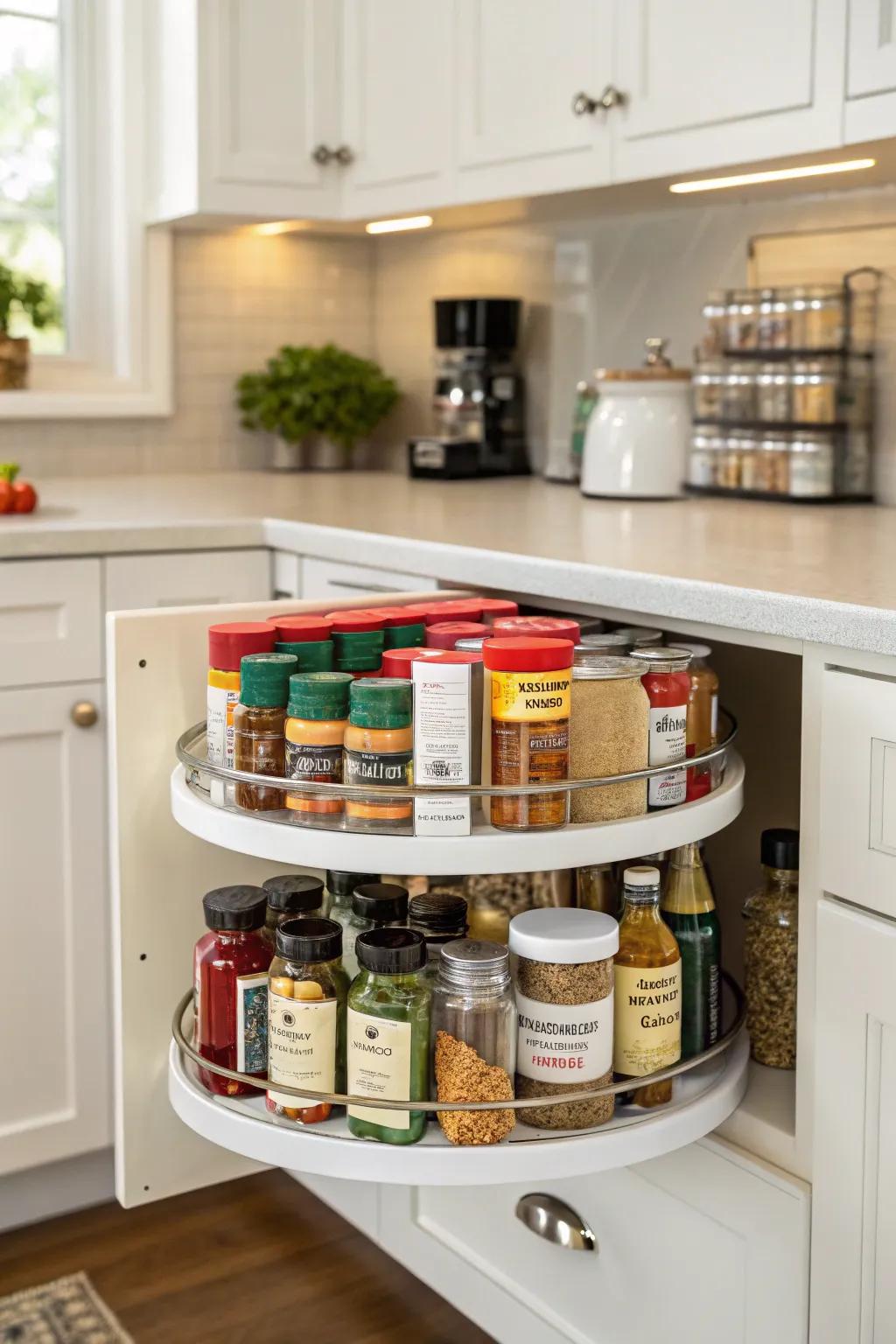 A revolving tray brings all your spices within simple reach.