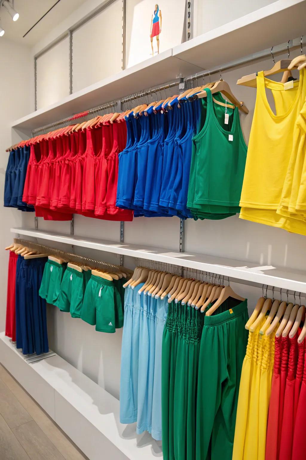 Color-coordinated workout clothes for a visually appealing closet.
