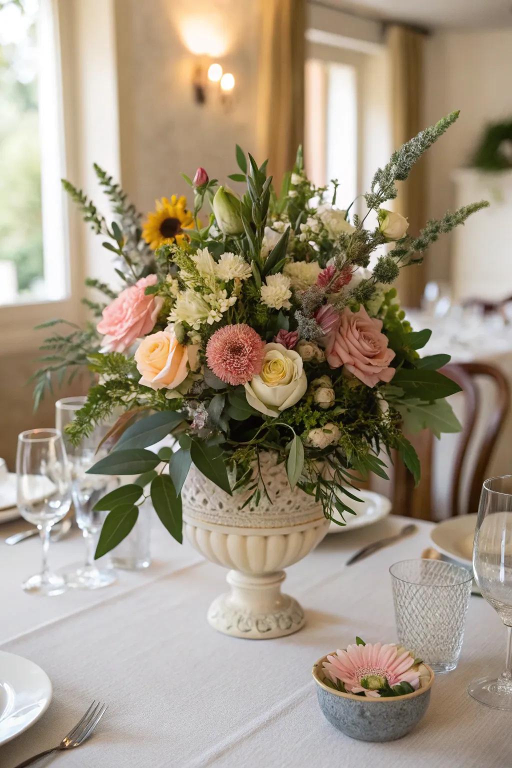 A textured arrangement featuring flowers and abundant foliage.