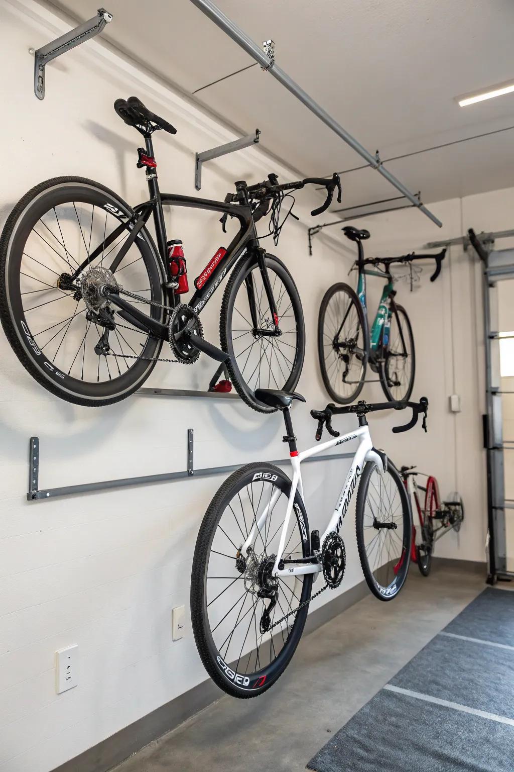 Vertical hooks offer a minimalist and effective storage option.
