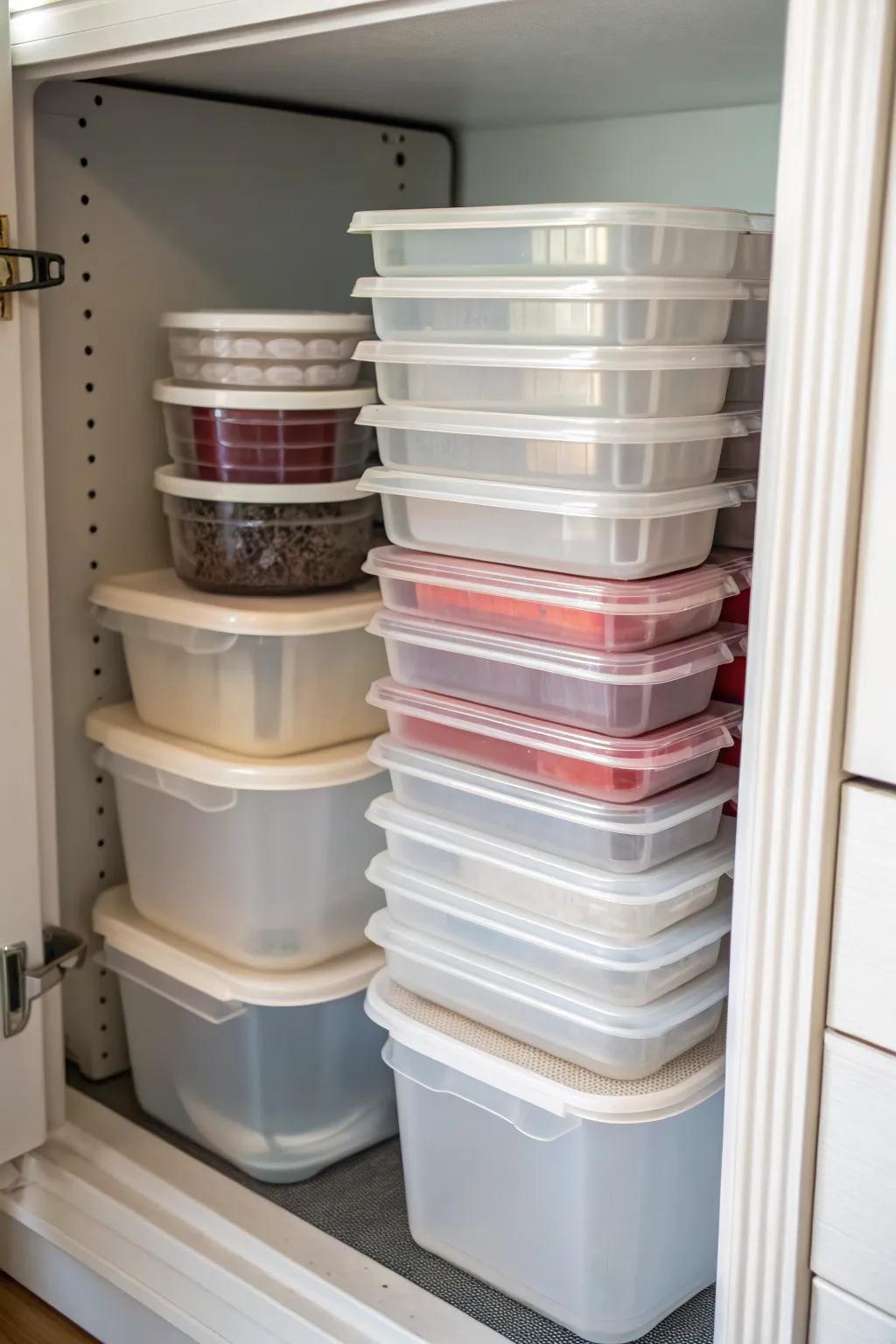 Interlocked plastic containers neatly stored in a cabinet.