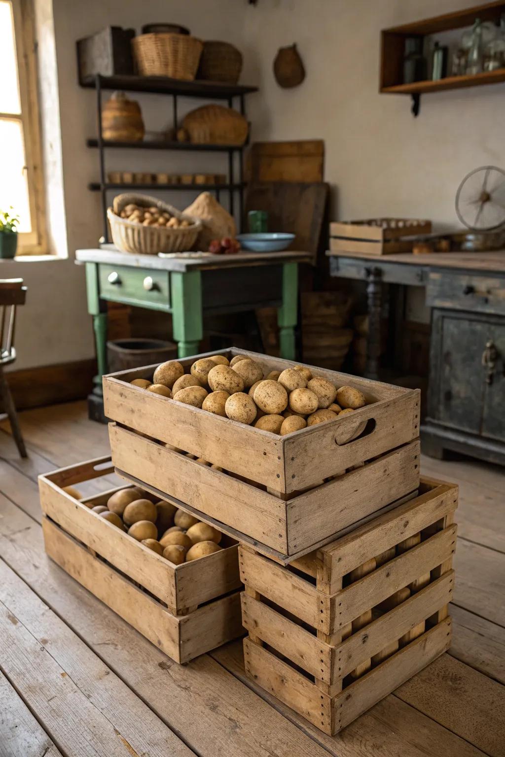 Farmhouse beauty enhanced by stacked lumber boxes utilized for potato stowage.