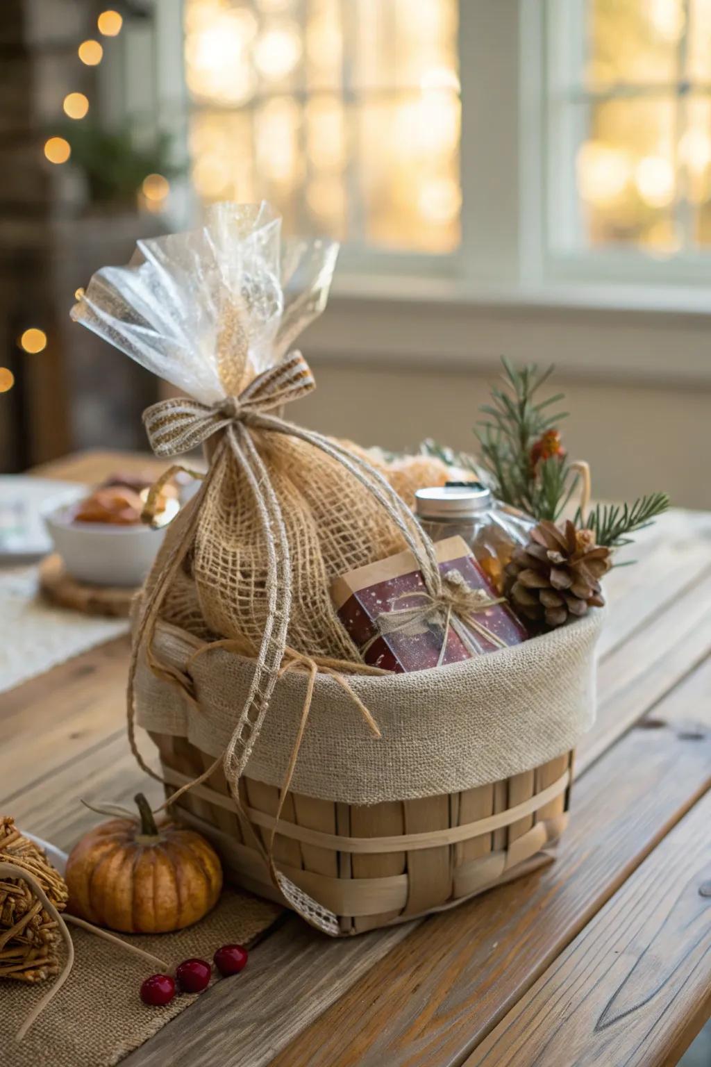 Hessian wrapping imparts a rustic allure to any basket.