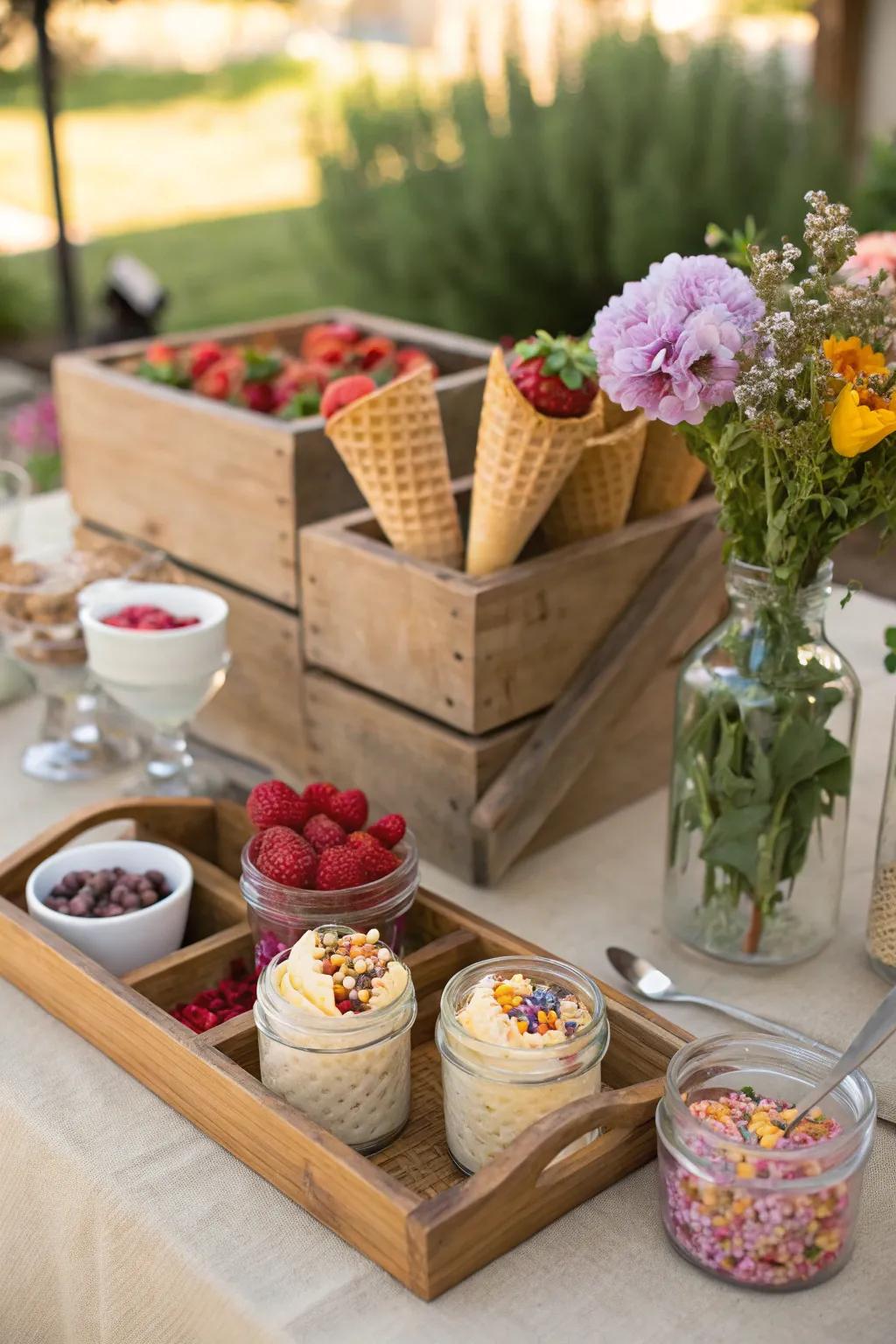 A rustic ice cream table brings the loveliness of nature to dessert occasions.