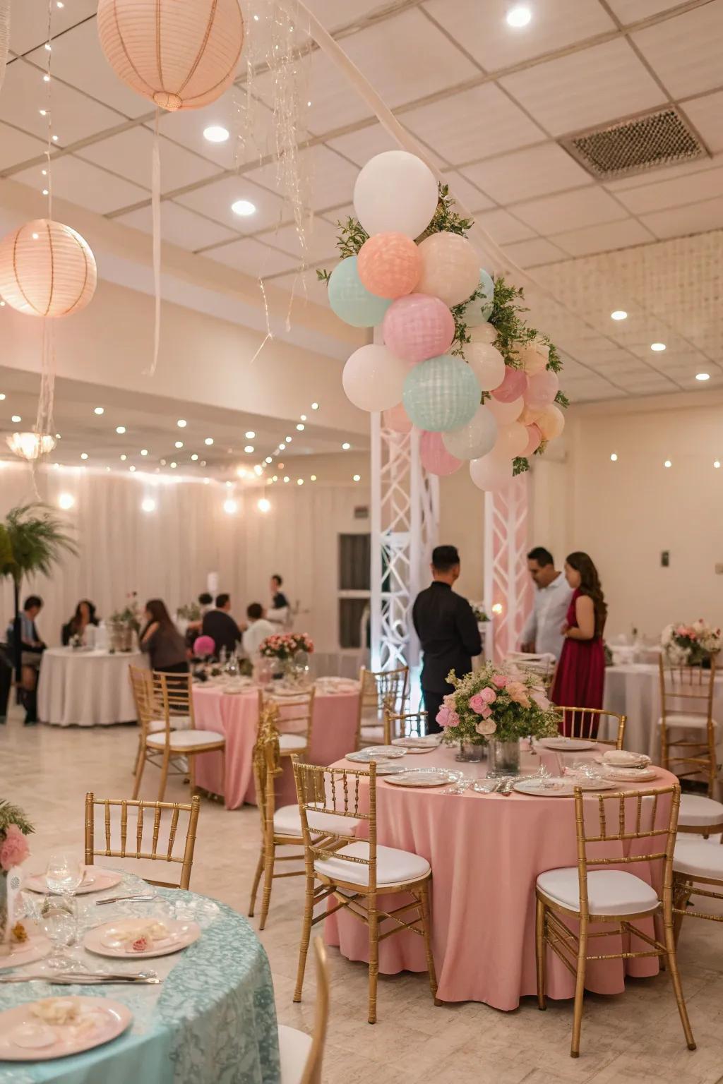 A dreamlike indoor party using gentle decoration and table arrangements.