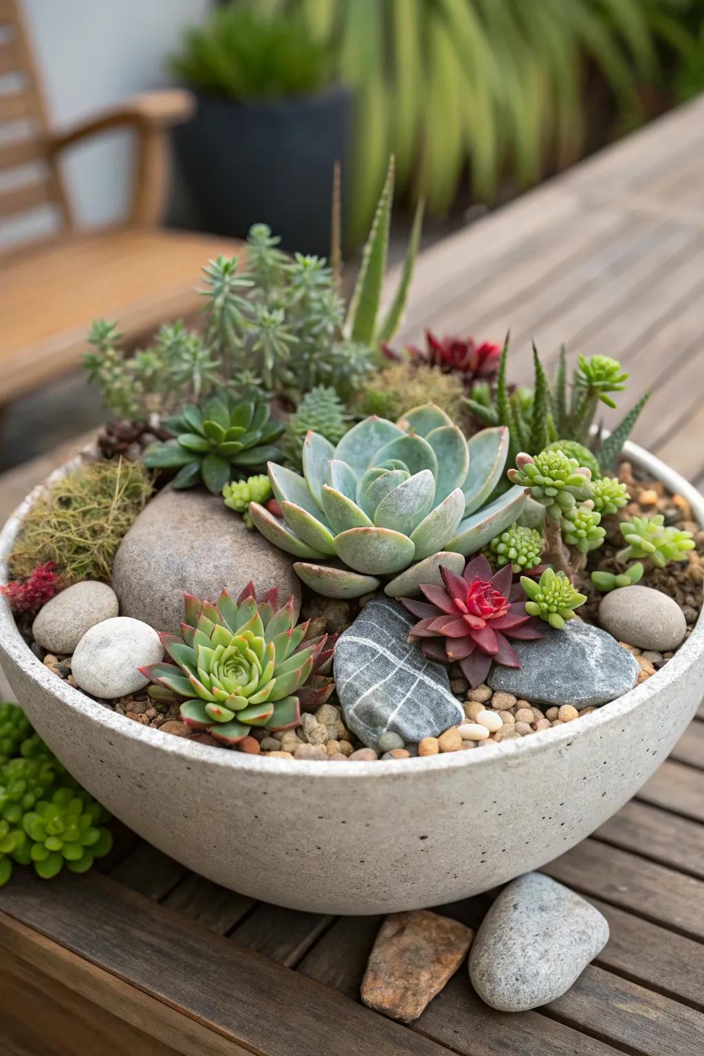 A succulent display acts as a captivating centerpiece.