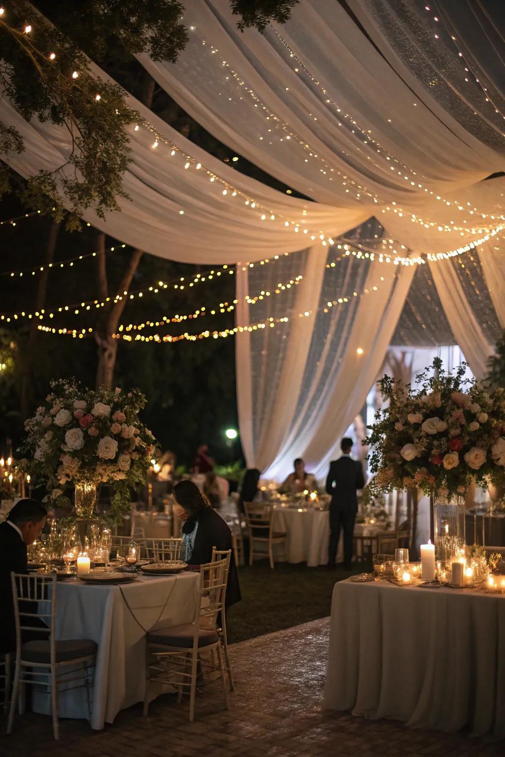 Draped textiles with lights engender a dreamy reception.