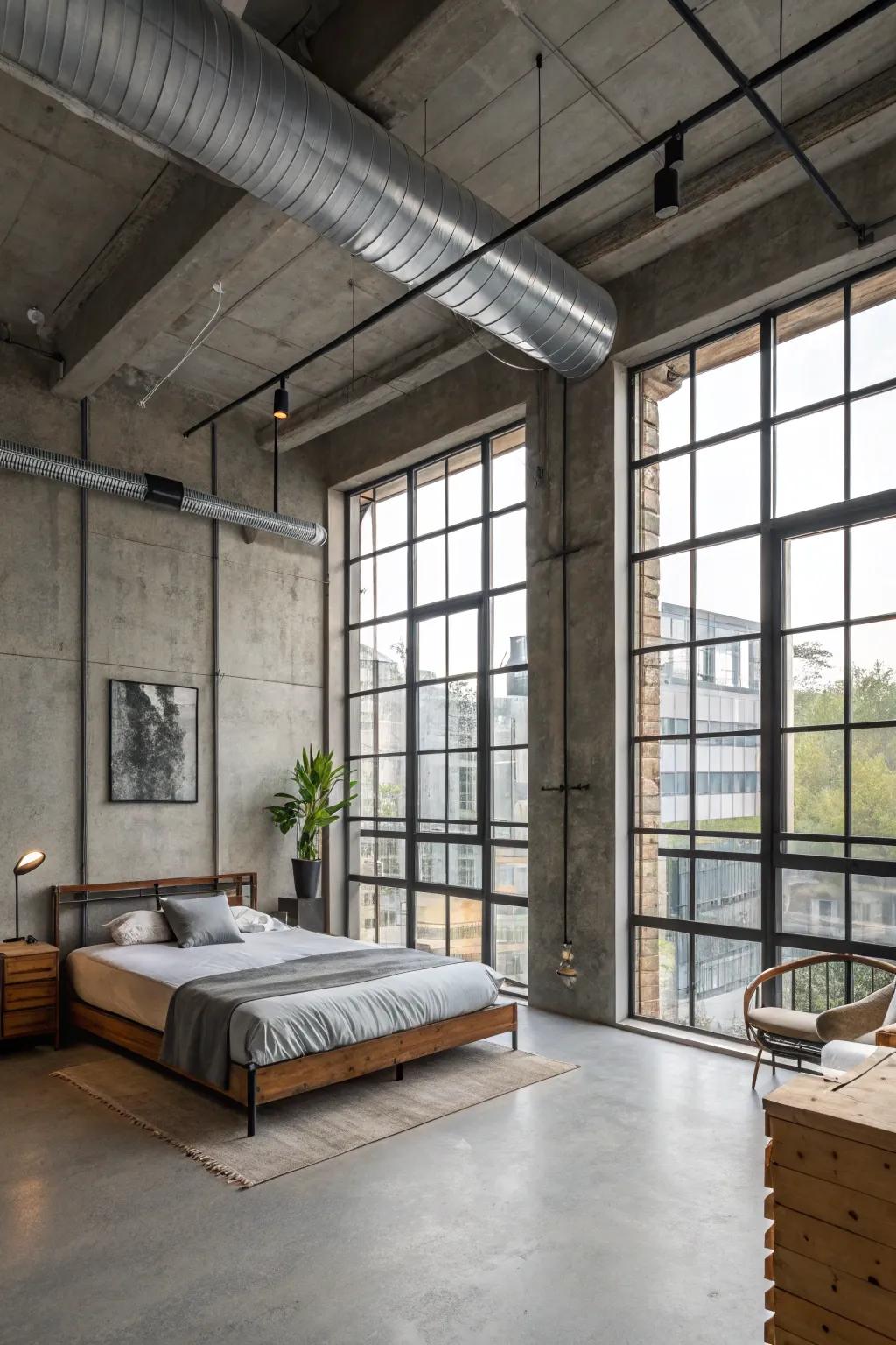 Sunlight floods this industrial bedroom, accentuating its architectural features.