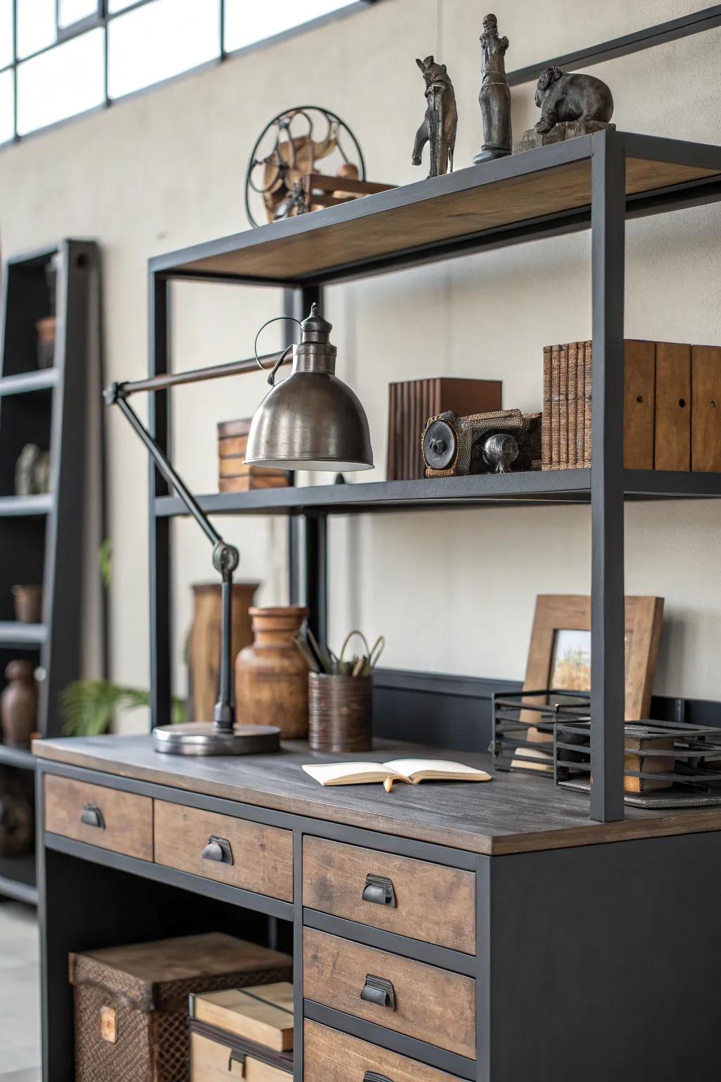 Exposed shelving contributes both aesthetic and storage to your industrial workspace.