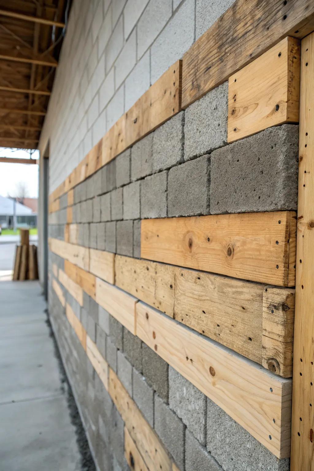 Reclaimed wood paneling contributes warmth to a cinder block wall.