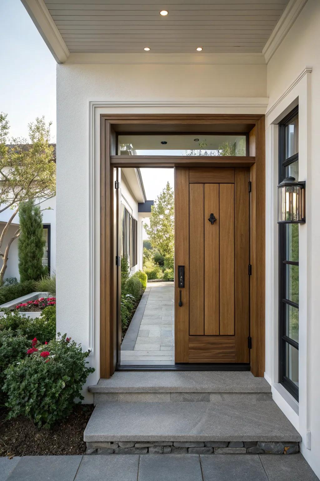 Contemporary entryway with fashionable trim framing a welcoming door.