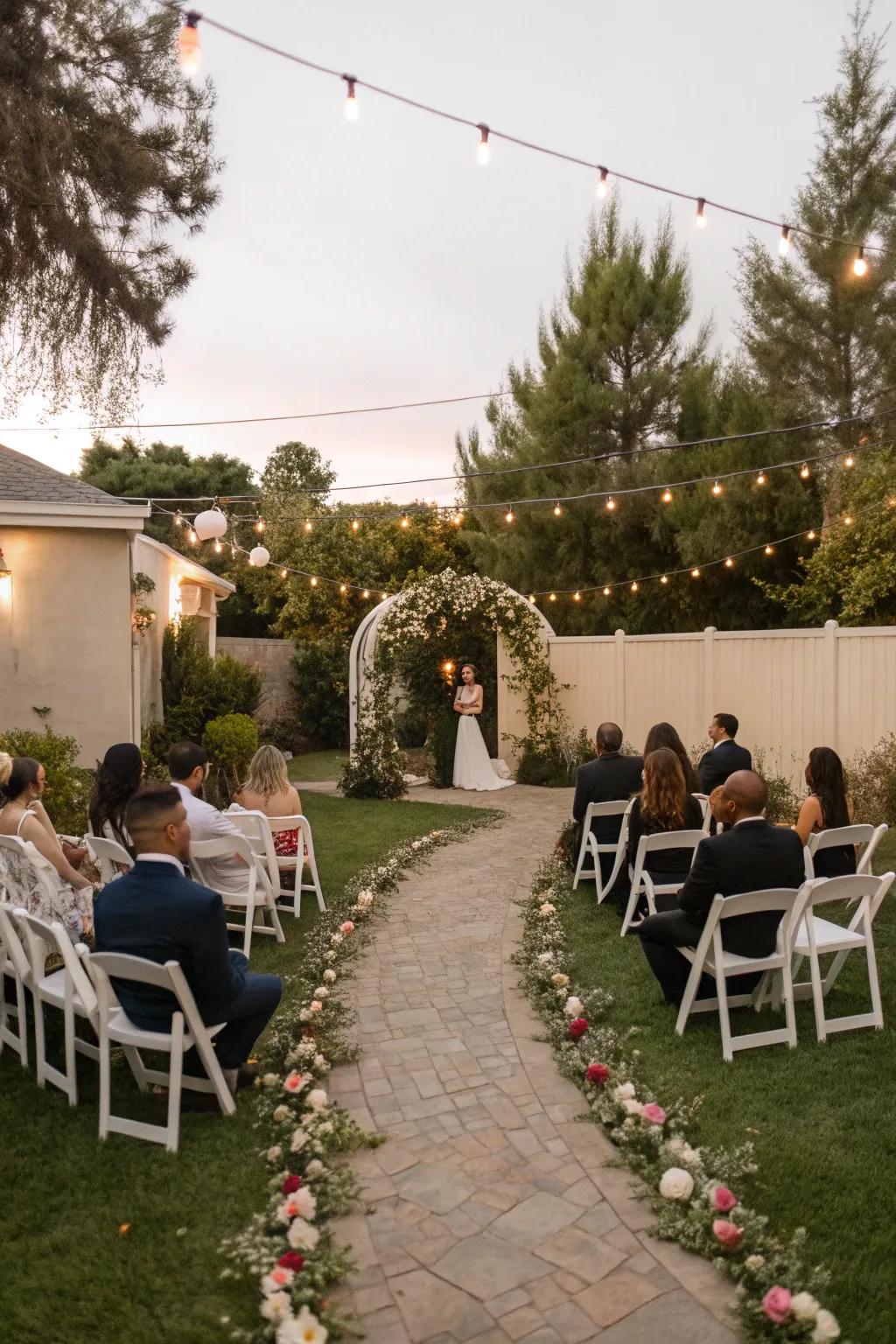 A circular seating plan builds an intimate celebratory setting.