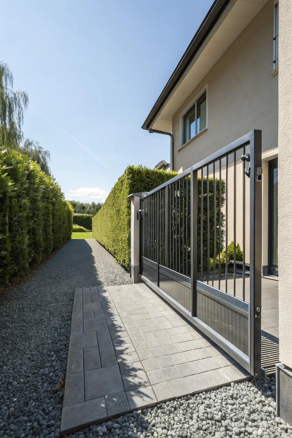 A space-saving sliding iron entryway for modern drives.