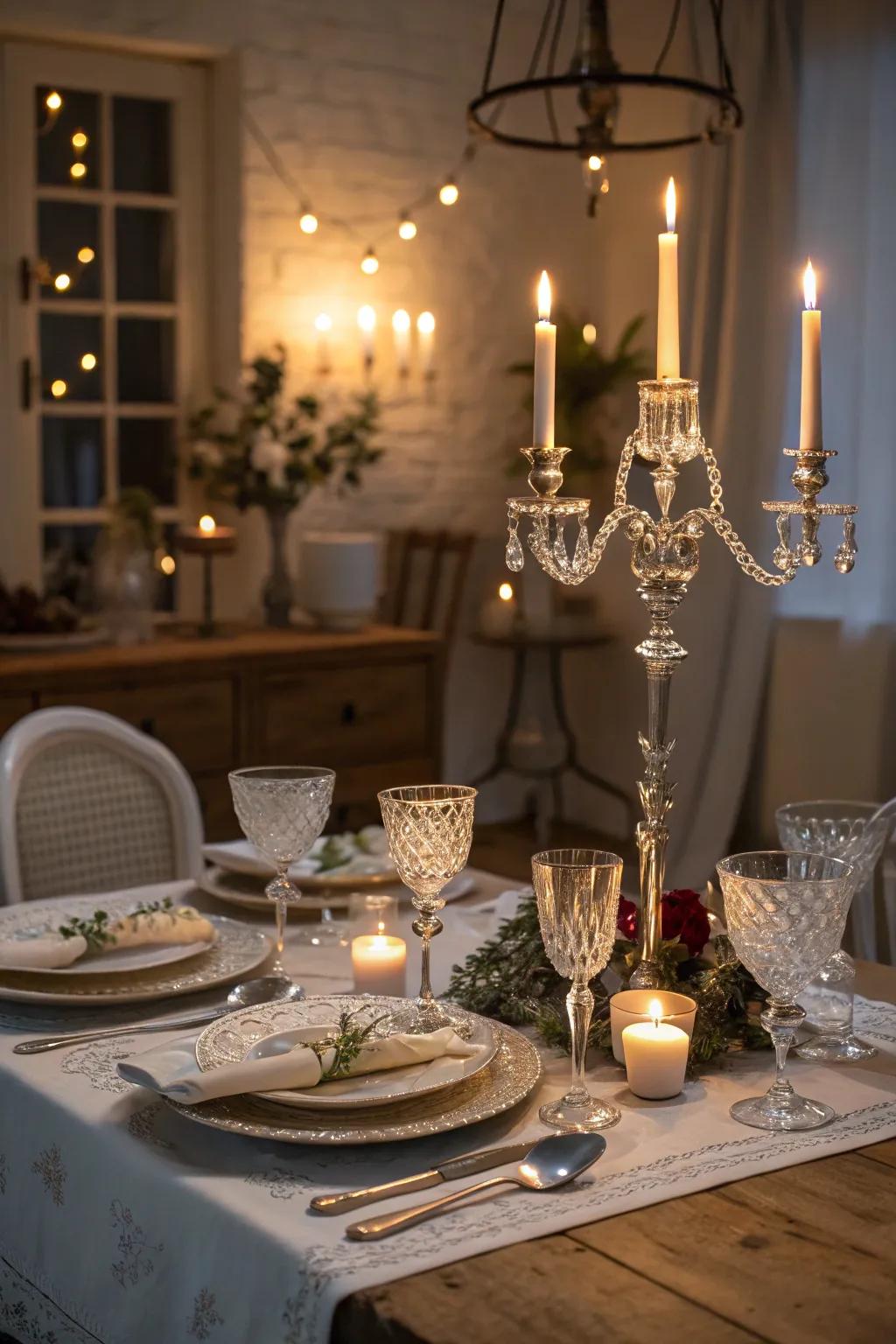 Candlelight enriches the snug ambiance.