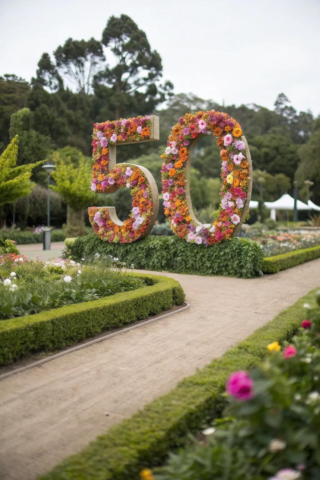 Large decorative numerals fashioned from flowers.