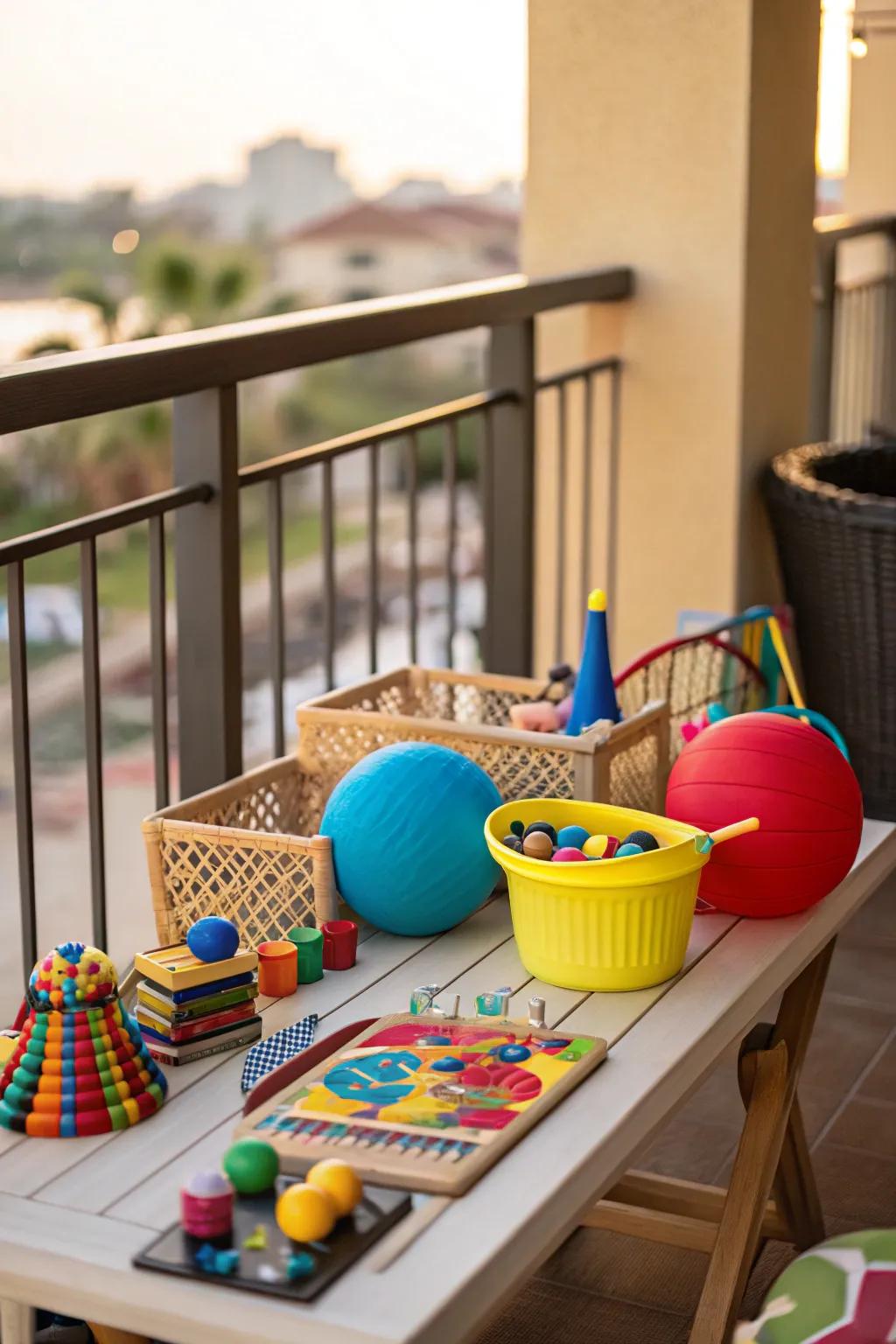 Outdoor toys convert the balcony into an exciting play area.