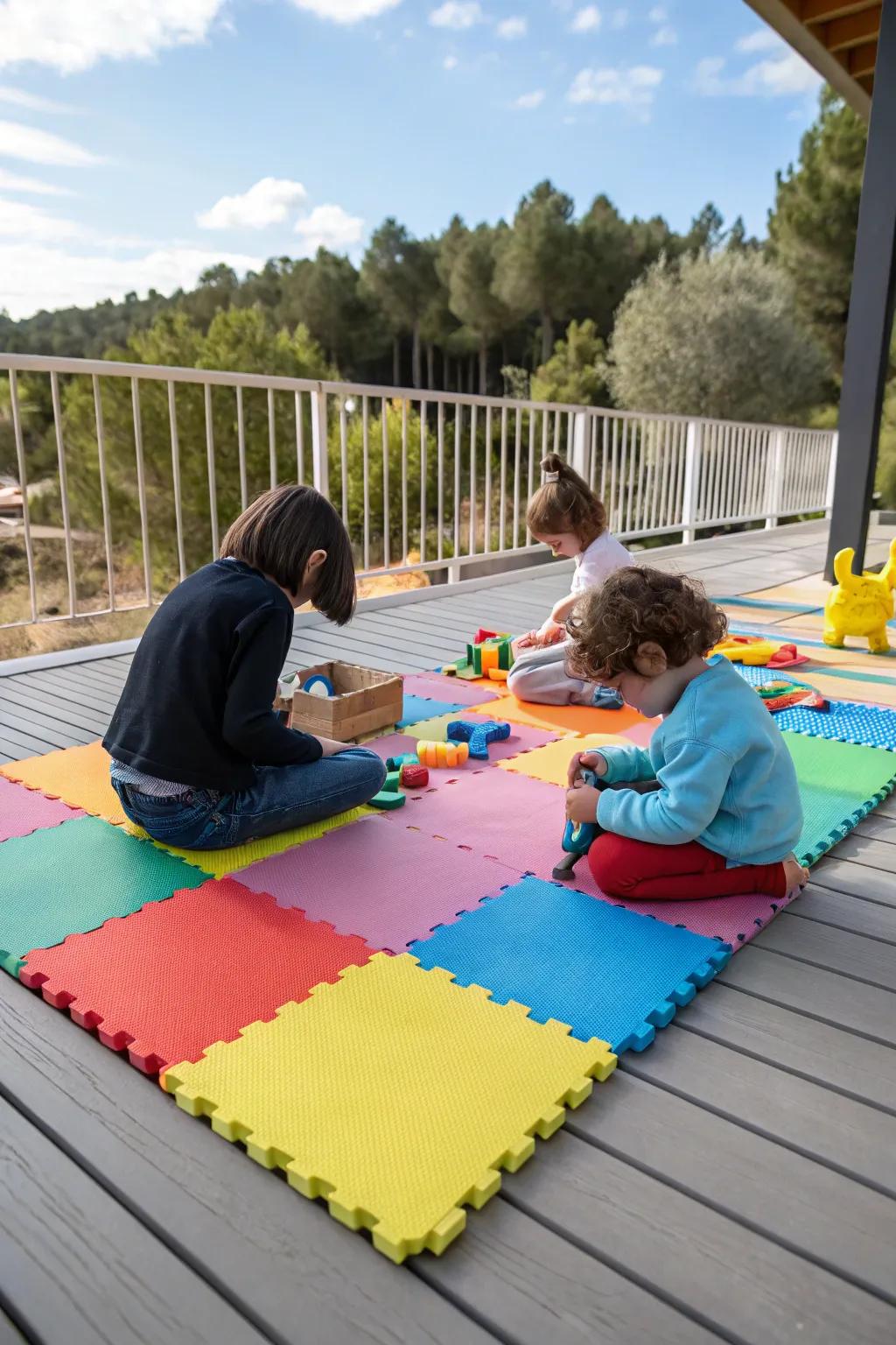 A deck surfaced with brightly colored padded mats where kids are happily playing with an array of toys.