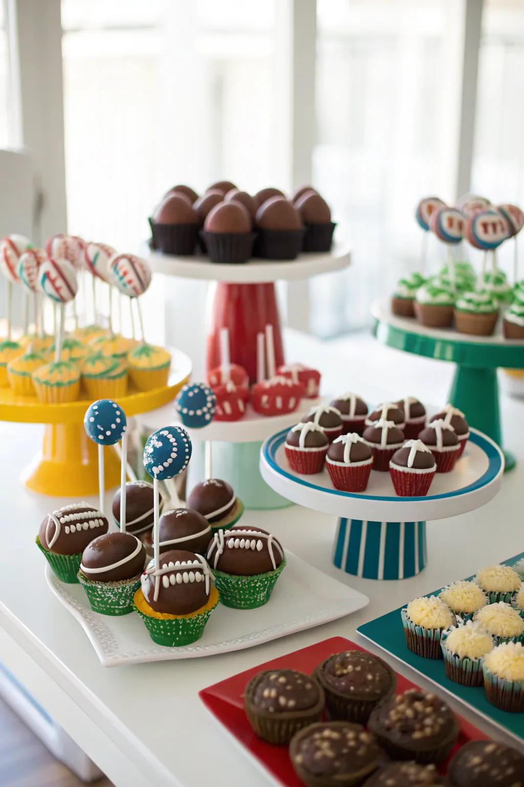A dessert station showcasing football-centric sweet delights.