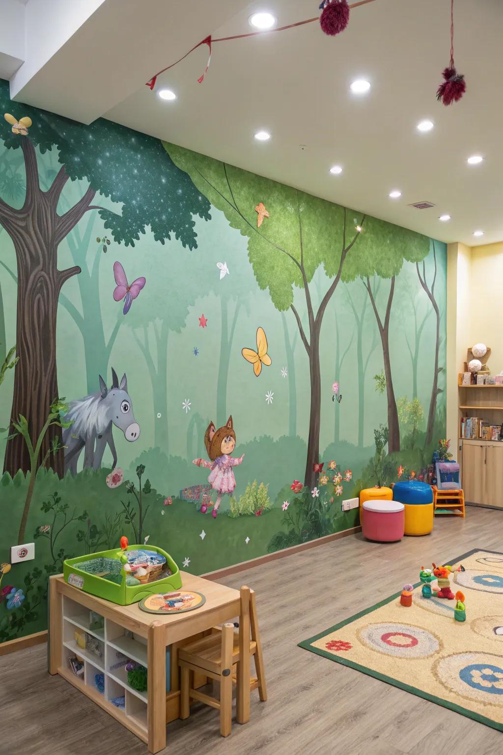 A playroom is transformed into a magical forest using whimsical wallpaper.