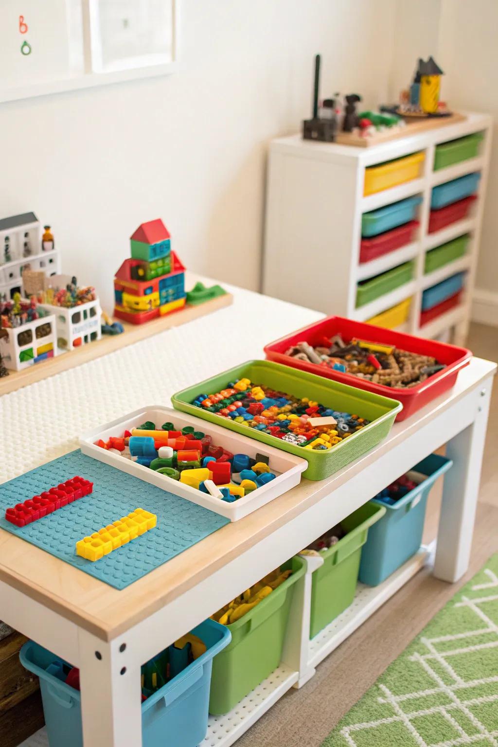 A brick-building table, the optimal place for young builders.